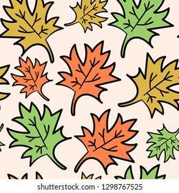 Floral seamless pattern with maple leaves. Autumn background with foliage, petals for wrapping paper. Vector illustration. 