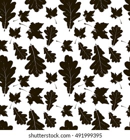 Floral seamless pattern with maple and oak leaves. Black on white leaf. Background with foliage, petals for wrapping paper, textile, card, web. Vector illustration.