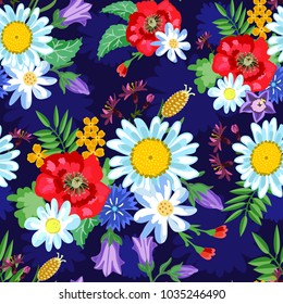 Floral seamless pattern with meadow flowers and stripes. Depicted poppies, cornflowers, carnations, daisies, bells, beetle-soldier. For textiles, Wallpaper, wrapping paper, covers, greeting cards 