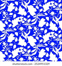 Floral seamless pattern, Meadow plants, leaf and flower . All over print. Botanical collage in modern flat style. Floral silhouettes. Blue and white print. Floral drawings collection. Two color flower