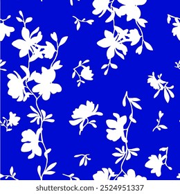 Padrão floral sem costura, Plantas de prado, folha e flor . Tudo sobre a impressão. Colagem botânica em estilo plano moderno. Silhuetas florais. Impressão em azul e branco. Coleção de desenhos florais. Flor de duas cores