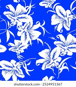 Floral seamless pattern, Meadow plants, leaf and flower . All over print. Botanical collage in modern flat style. Floral silhouettes. Blue and white print. Floral drawings collection. Two color flower