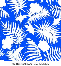 Floral seamless pattern, Meadow plants, leaf and flower . All over print. Botanical collage in modern flat style. Floral silhouettes. Blue and white print. Floral drawings collection. Two color flower