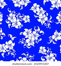 Padrão floral sem costura, Plantas de prado, folha e flor . Tudo sobre a impressão. Colagem botânica em estilo plano moderno. Silhuetas florais. Impressão em azul e branco. Coleção de desenhos florais. Flor de duas cores