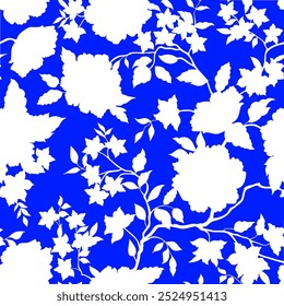 Blumenmuster, Wiesenpflanzen, Blatt und Blume. Überall im Druck. Botanische Collage im modernen Flachstil. Blumensilhouetten. Blau-Weiß-Druck. Sammlung von Blumenzeichnungen. Zweifarbige Blume