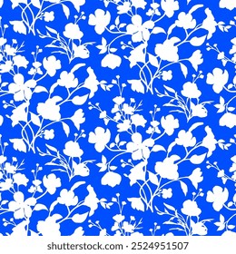 Patrón floral sin fisuras, plantas del prado, hoja y flor. Impresión por todas partes. Collage botánico en estilo plano moderno. Siluetas florales. Estampado azul y blanco. Colección de dibujos florales. Flor de dos colores