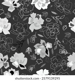 floral seamless pattern. Meadow plants, leaves and flowers. All over print. Botanical collage in modern flat style. black and white print Vector.
