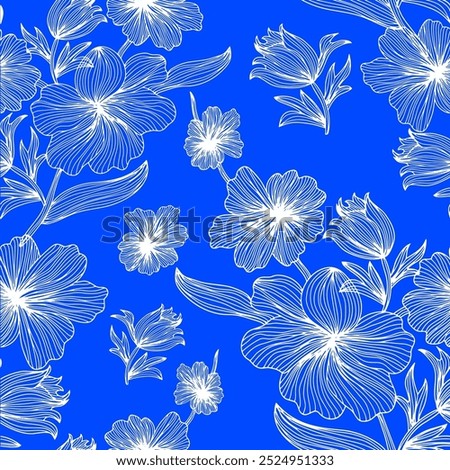 Floral seamless pattern, Meadow plants, leaf and flower . All over print. Botanical collage in modern flat style. Floral silhouettes. Blue and white print. Floral drawings collection. Two color flower