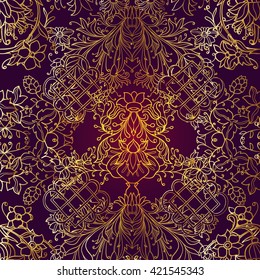 Floral seamless pattern in middle ages style. Gold outline on black background