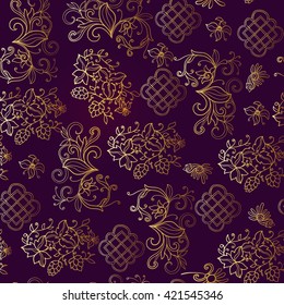 Floral seamless pattern in middle ages style. Gold outline on black background