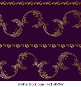 Floral seamless pattern in middle ages style. Gold outline on black background