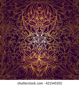 Floral seamless pattern in middle ages style. Gold outline on black background