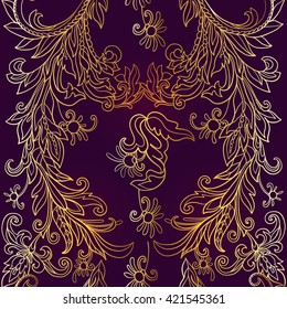 Floral seamless pattern in middle ages style. Gold outline on black background