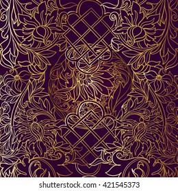 Floral seamless pattern in middle ages style. Gold outline on black background