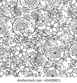 Floral seamless pattern in middle ages style. Outline vector illustration.
