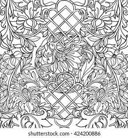 Floral seamless pattern in middle ages style. Outline vector illustration.