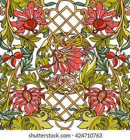 Floral seamless pattern in middle ages style. Colored on white background. Vector illustration.