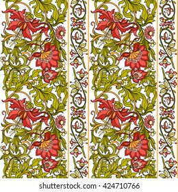 Floral seamless pattern in middle ages style. Colored on white background. Vector illustration.