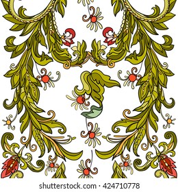 Floral seamless pattern in middle ages style. Colored on white background. Vector illustration.