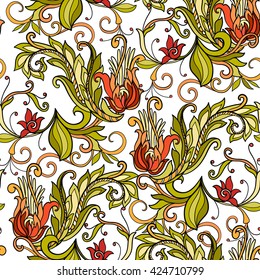 Floral seamless pattern in middle ages style. Colored on white background. Vector illustration.
