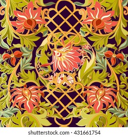 Floral seamless pattern in middle ages style. Colored with gold contour.