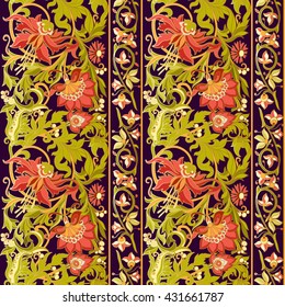 Floral seamless pattern in middle ages style. Colored with gold contour.
