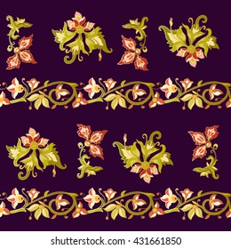 Floral seamless pattern in middle ages style. Colored with gold contour.