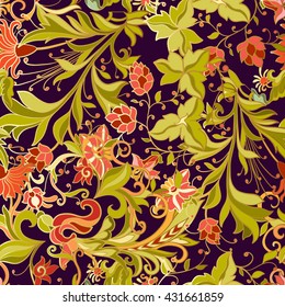 Floral seamless pattern in middle ages style. Colored with gold contour.