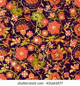 Floral seamless pattern in middle ages style. Colored with gold contour.
