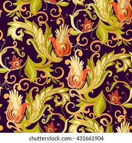 Floral seamless pattern in middle ages style. Colored with gold contour.