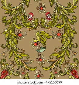 Floral seamless pattern in middle ages style. Colored vector illustration.