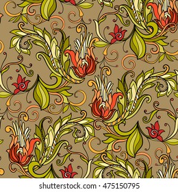 Floral seamless pattern in middle ages style. Colored vector illustration.