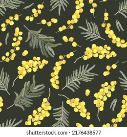 Floral sin fisuras con ramas mimosa sobre fondo negro.Adecuado para imprimir en tela, textil, papel envolvente, papel pintado decorativo, embalaje, invitaciones.