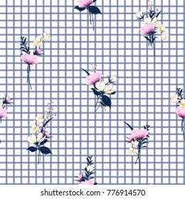 Floral seamless pattern minimal repeat on blue grid background. Floral seamless pattern minimal repeat on blue grid background.