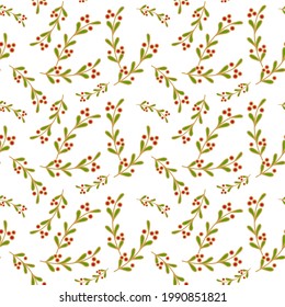 Floral seamless pattern with mistletoe branches on a white background.