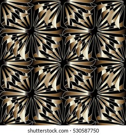 Floral seamless pattern. Modern abstract black and gold  3d  background wallpaper. Elegant vector flowers texture.
