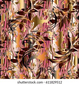 Floral seamless pattern. Modern abstract flourish background wallpaper illustration with 3d vintage  leaves, flowers and modern striped  ornaments.  Trendy surface  texture for fabric, textile, cloth