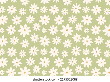 Floral seamless pattern. Modern background with white daisy flower. Сhamomile field concept. Vector art, wallpaper, banner, poster. 