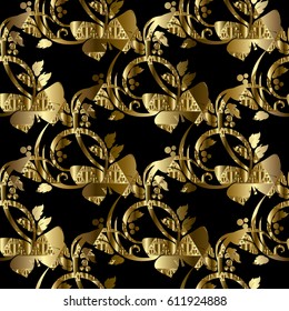 Floral seamless pattern. Modern black flourish background wallpaper illustration with vintage abstract swirl gold 3d leaves, flowers and butterflies.Vector texture for fabric, textile.