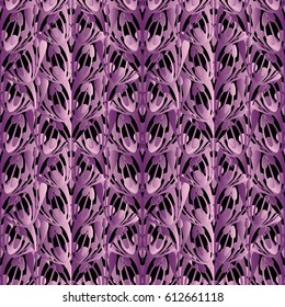Floral seamless pattern. Modern black background with abstract decorative violet  3d flowers, shapes, figures. Vector texture for wallpapers, fabric, prints, textile.