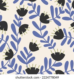 Floral seamless pattern. Modern doodle black flowers with blue leaves on a white background. Trendy doodle hand drawn texture in vector. Perfect for fabric cloth design wallpapers gift wrap 