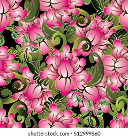 Floral seamless pattern. Modern elegant flourish background with 3d bright pink flowers, green vintage leaves and  flowers ornaments. Ornate floral wallpaper.Flowers pattern.