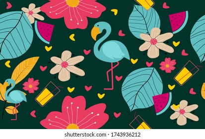 floral seamless pattern. Modern exotic jungle fruits and plants illustration in vector.