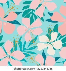 Floral seamless pattern. Modern exotic design for textiles. Tropical green leaves and delicate pink hibiscus flowers on a turquoise background. Vector.