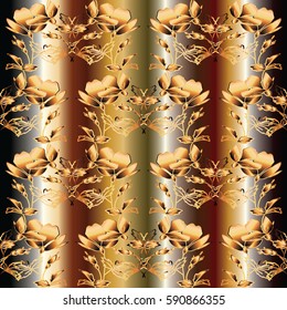 Floral seamless pattern. Modern flourish drapery gradient background wallpaper illustration with abstract gold flowers leaves and flowery vintage ornaments. Vector trendy texture for fabric, textile.