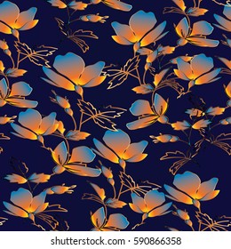 Floral seamless pattern. Modern flourish dark blue background wallpaper illustration with abstract colorful flowers leaves and flowery vintage ornaments. Vector trendy texture for fabric, textile.