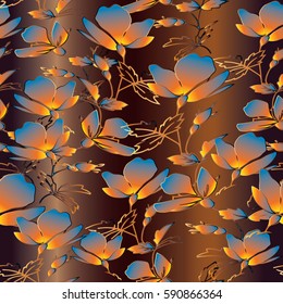 Floral seamless pattern. Modern flourish autumn gold background wallpaper illustration with abstract colorful flowers leaves and flowery vintage ornaments. Vector trendy texture for fabric, textile.