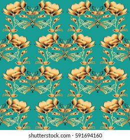 Floral seamless pattern.  Modern flourish blue background wallpaper with surface gold 3d poppy flowers leaves and  ornaments. Vector trendy texture for fabric, textile, cards, curtain, prints.