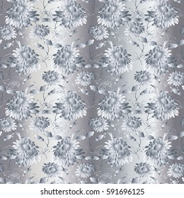 Floral seamless pattern.  Modern flourish light background wallpaper with surface silver  3d flowers and chamomile ornaments. Vector luxury texture for fabric, textile, cards, curtain, prints.