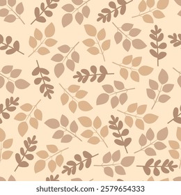 Floral seamless pattern of monochromatic branchlets. Foliage surface pattern design of allover print abstract branches of leaves on sand color background. 